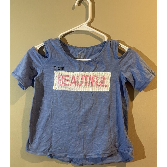 So Girls Tee Blue/purple Sequins Shirt Top Size 10 I Am Beautiful/amazing - Picture 1 of 4
